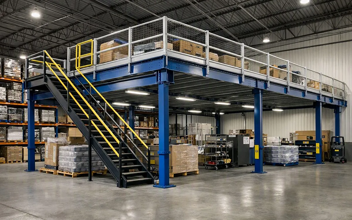 Mezzanine metálico con escalera y baranda perimetral dentro de una bodega de almacenamiento